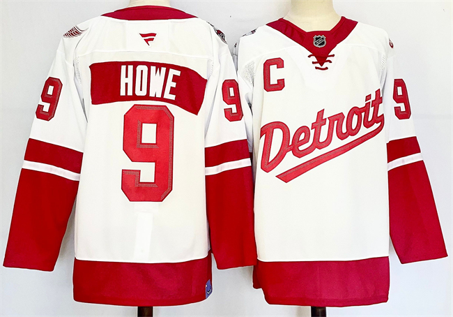 Men's Detroit Red Wings #9 Gordie Howe White/Red 2024-25 With C Patch Stitched Jersey